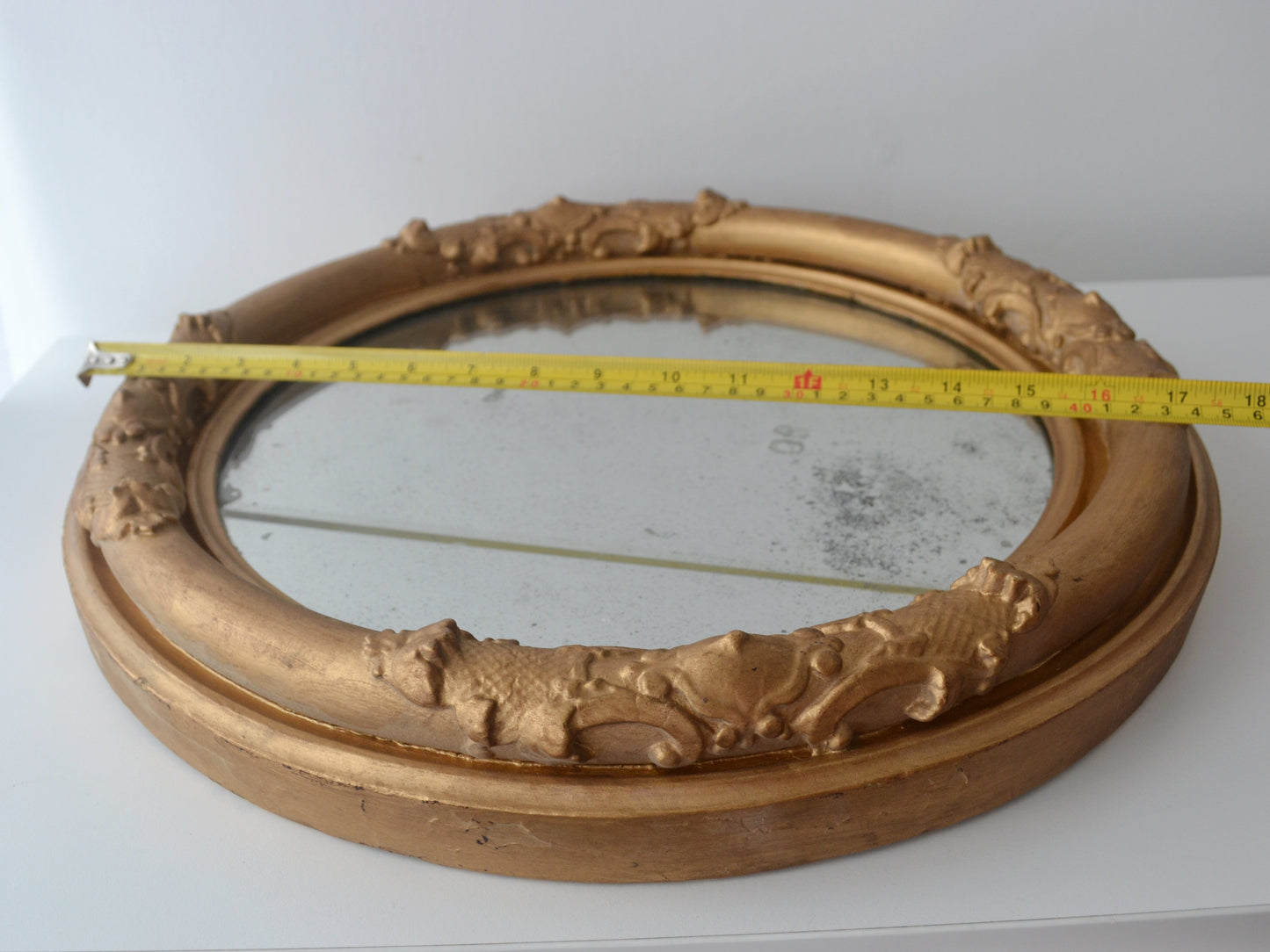 Antique Ornate Gesso Barbola Round Wall Mirror — Foxed Glass, Gilt Frame, England circa 1880–1900