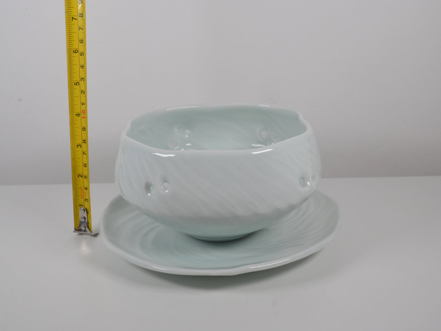 Joanna Howells Porcelain Berry Bowl & Plate — Celadon Glaze, Signed, Wales circa 2000s