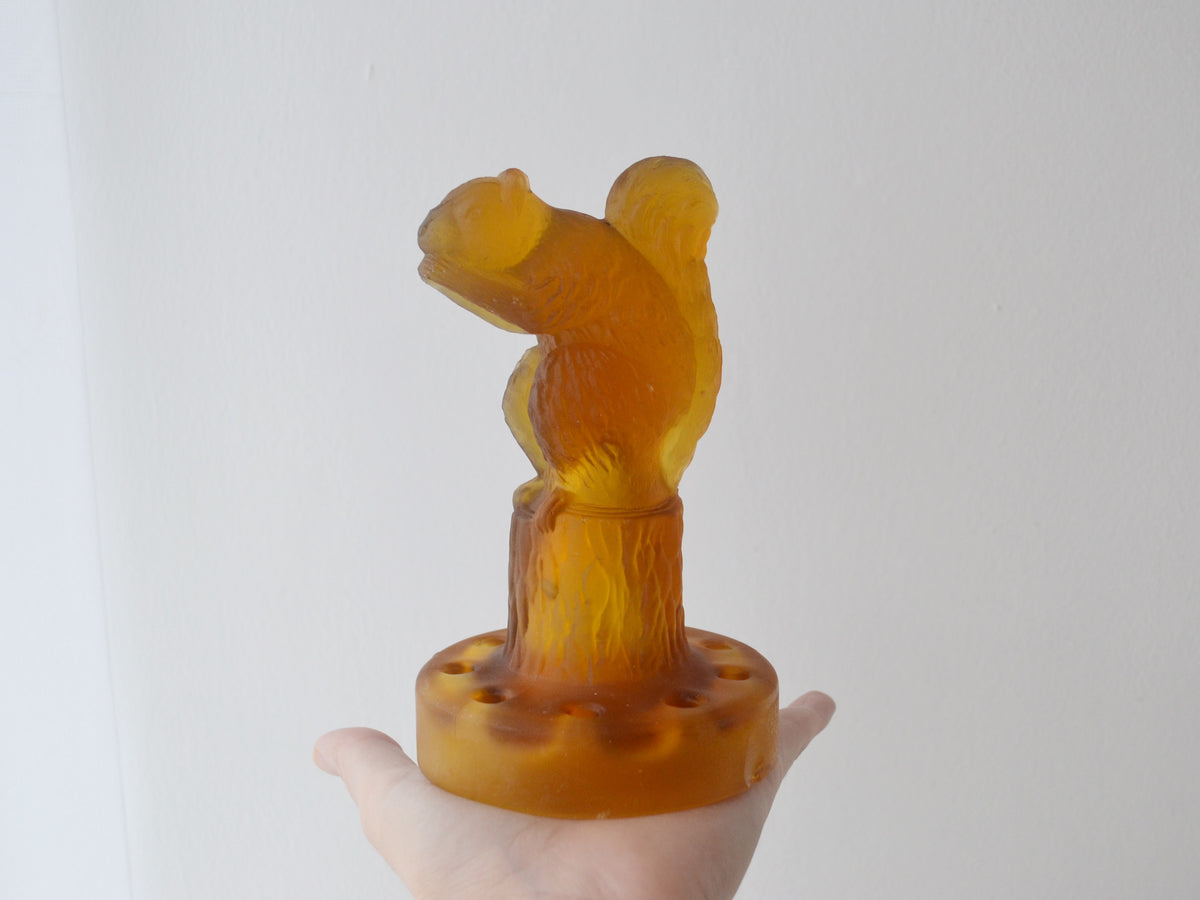 Sowerby Art Deco Amber Glass Squirrel Flower Frog, 1930s