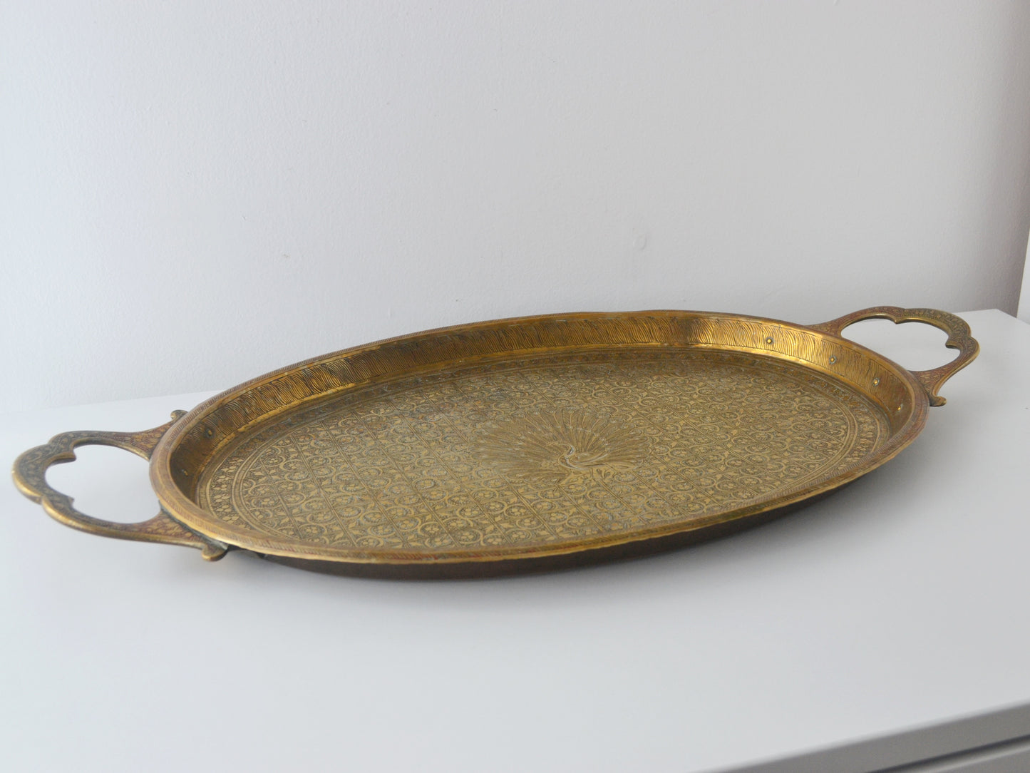 Engraved Brass Oval Tray — Peacock Motif, Hand-Engraved, India circa 1880–1910