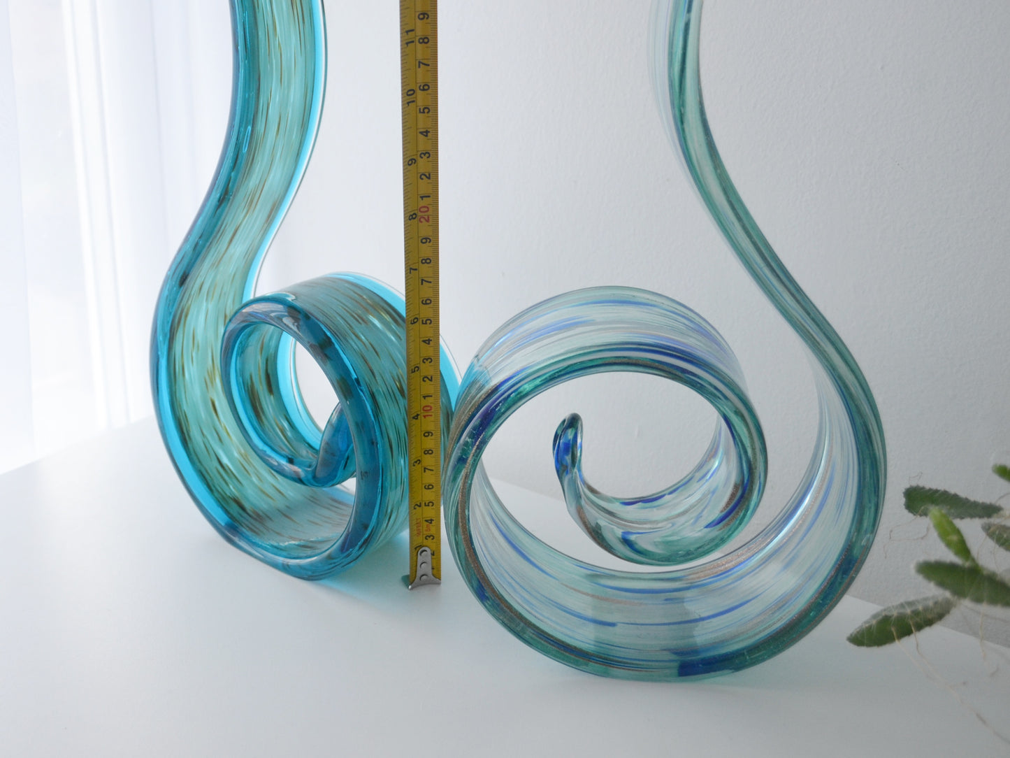 Hand-Blown Glass Swirl Sculptures, Aqua & Aventurine — Pair, Italy circa 1990s