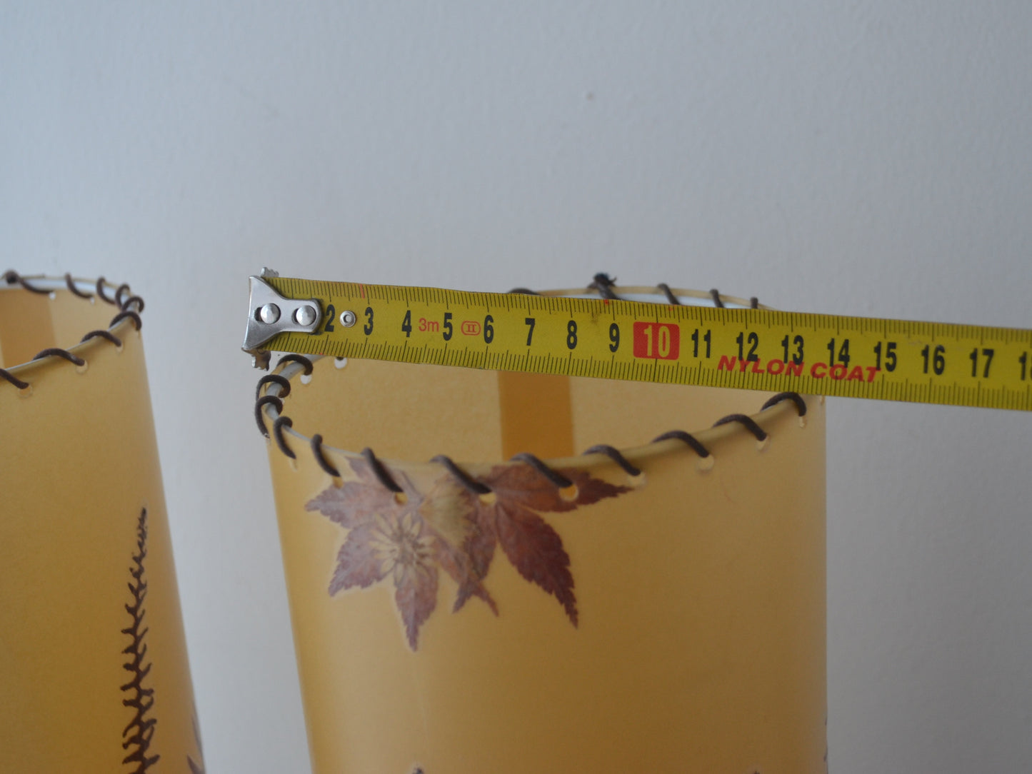 Pair Pressed Flower Parchment Lampshades — Whipstitch, Wooden Feet, France/Italy circa 1970s