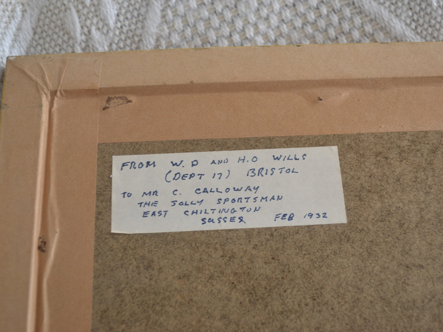 Original provenance label to reverse, W.D & H.O Wills Bristol to The Jolly Sportsman Sussex, February 1932.