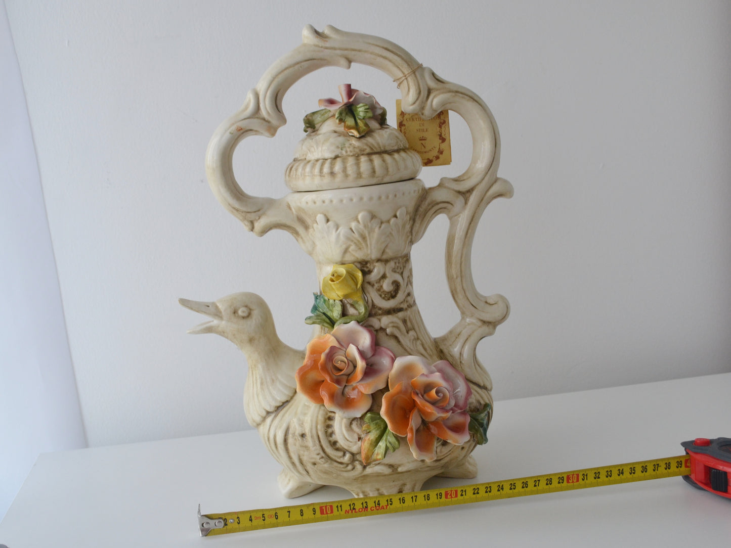 Capodimonte Duck Jug with Lid — Applied Roses, Original Certificate, Italy circa 1970s–80s