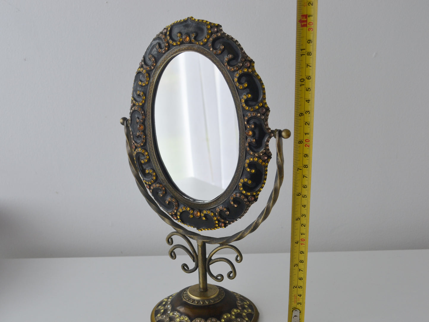 Brass Enamel Vanity Mirror on Stand — Jewelled Frame, India circa 1960s