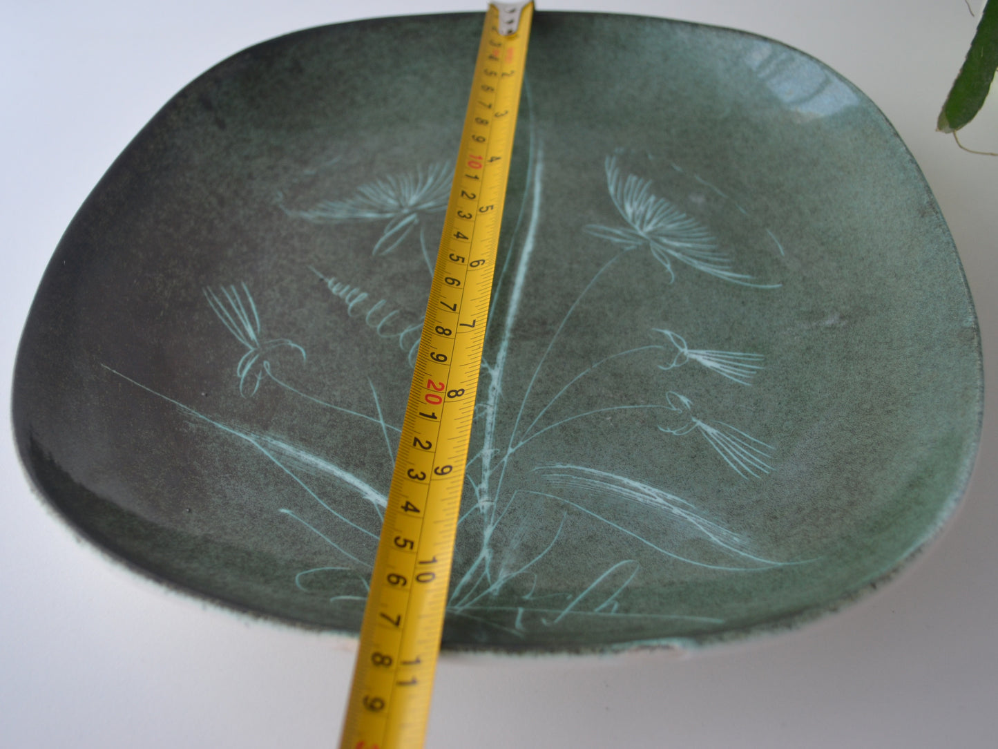 Green ceramic plate with floral patterns and a measuring tape for scale on a white background