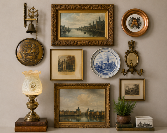 Heritage gallery wall with antique gold frames, brass repoussé plate, blue and white ceramic plate, oil lamp and botanical prints — collected wall interior design 2026