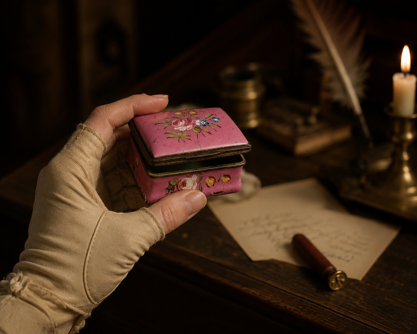 Georgian enamel snuff box held in a period mitaine glove, candlelit 18th century writing desk setting.