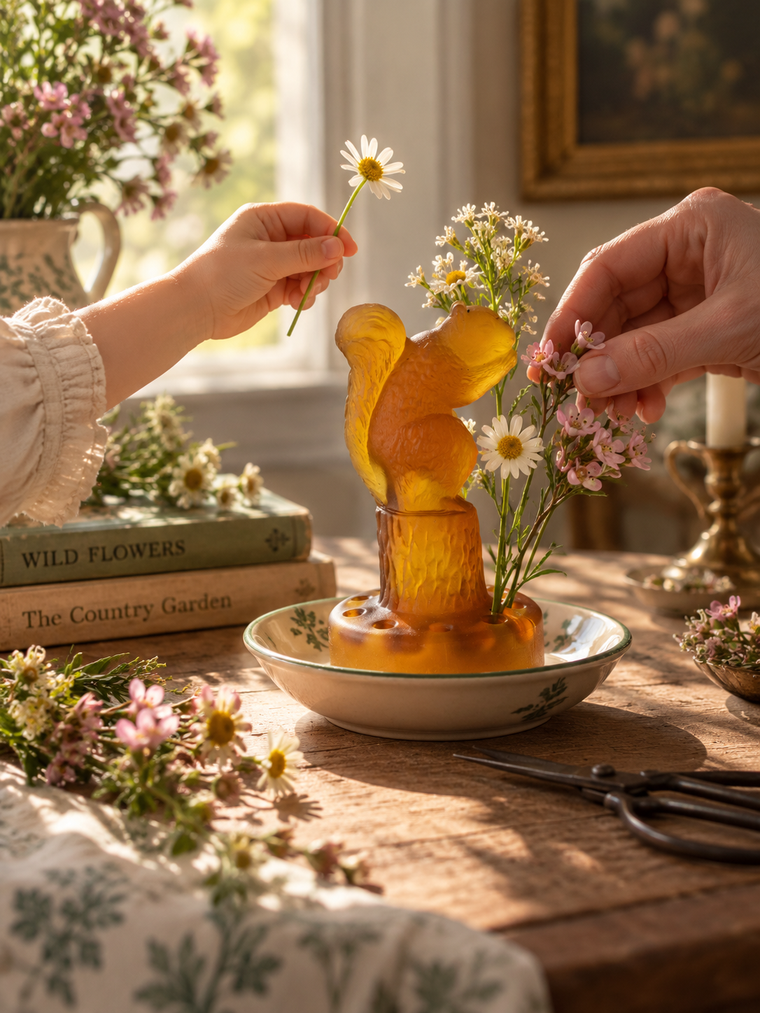 Sowerby Art Deco Amber Glass Squirrel Flower Frog, 1930s