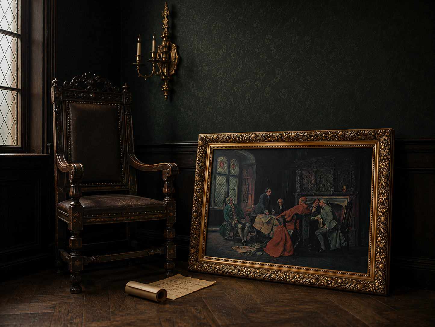 Gilt-framed vintage print resting against a dark green wall, Georgian interior styling.