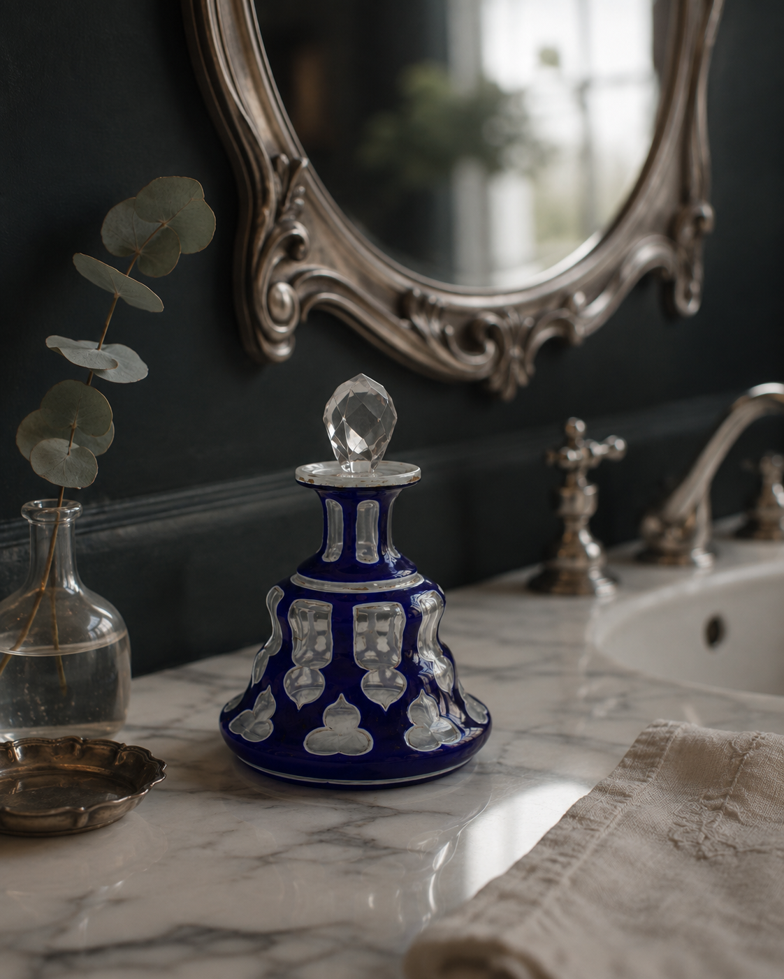 Antique Bohemian cased glass scent bottle styled on marble vanity with Art Nouveau mirror.