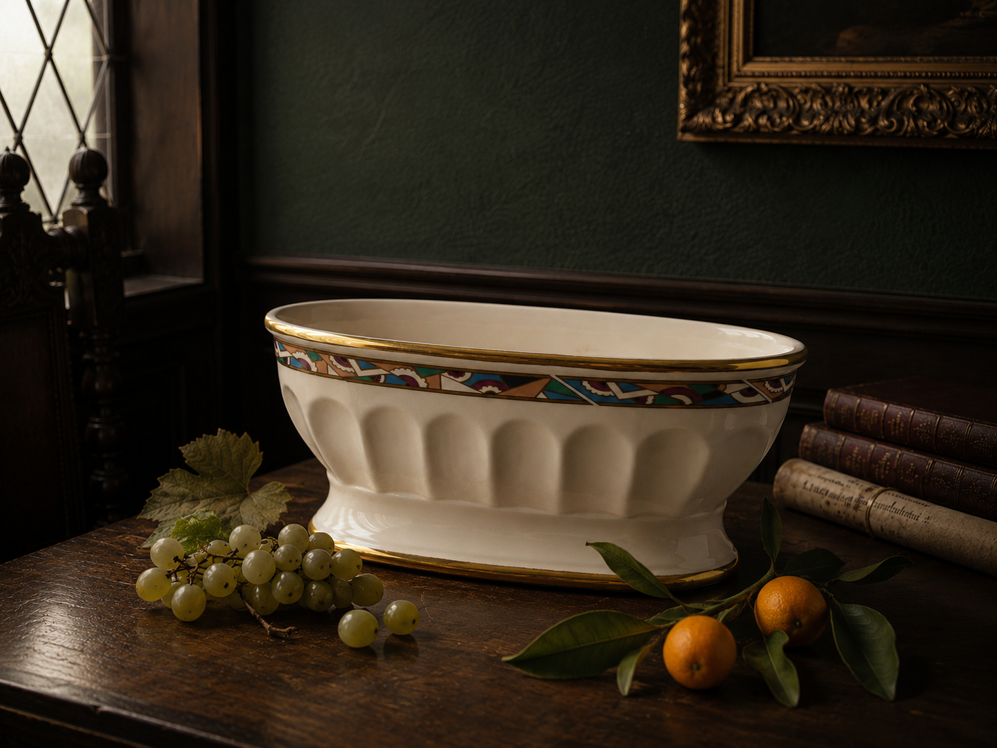 Frazarte bowl styled with grapes and citrus in a dark interior setting.