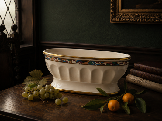 Frazarte bowl styled with grapes and citrus in a dark interior setting.