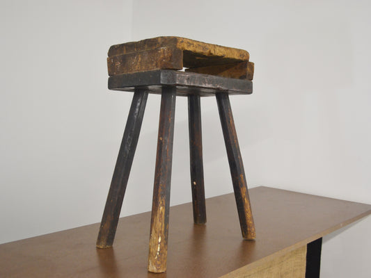 Antique English cutler's stool, four splayed legs, double-plank top, Victorian circa 1880s, front view, Sheffield workshop furniture