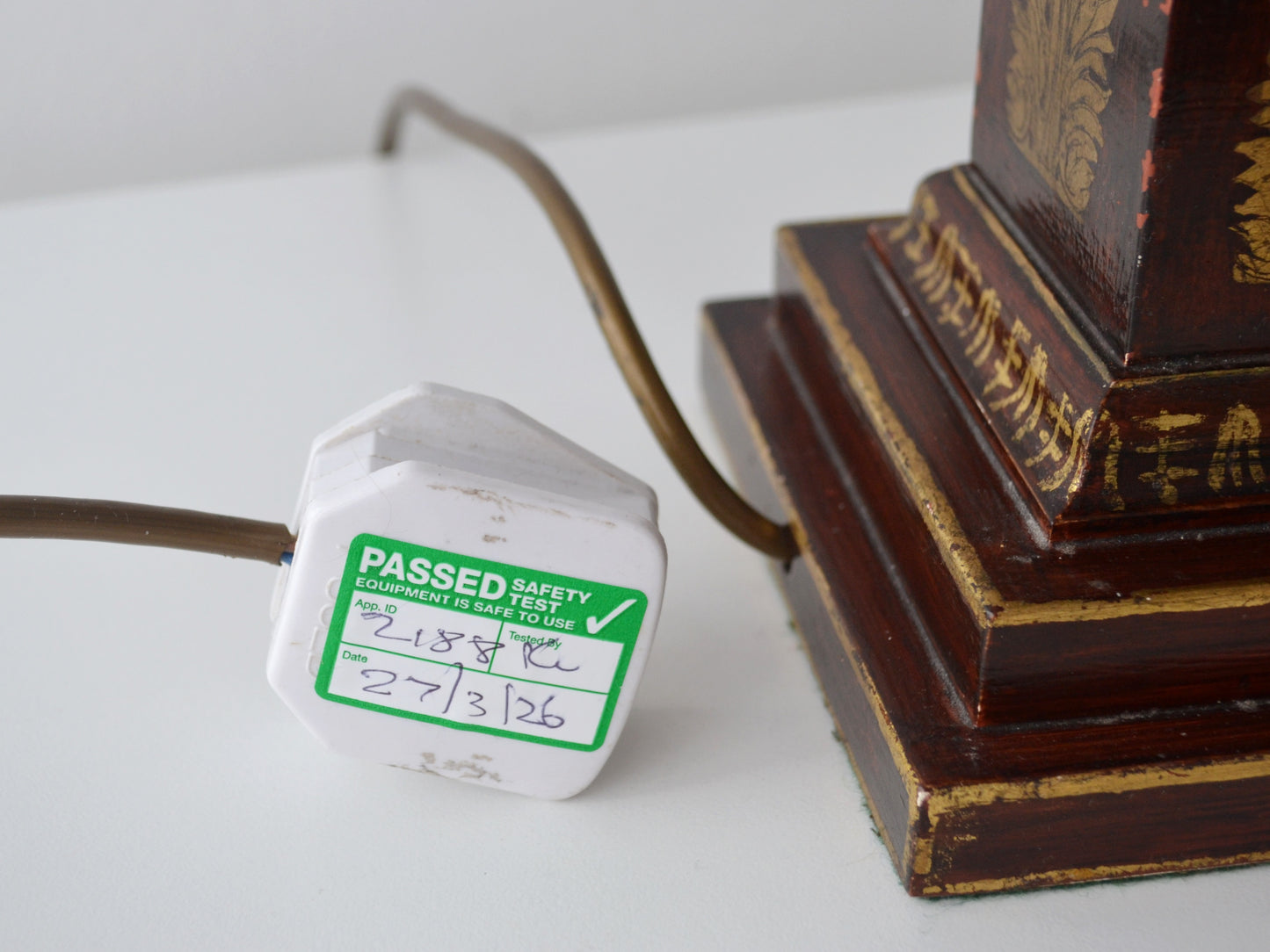 French Empire Lacquered Wood Column Table Lamp — Gilt Neoclassical Ornament, Lilley Fitting, England