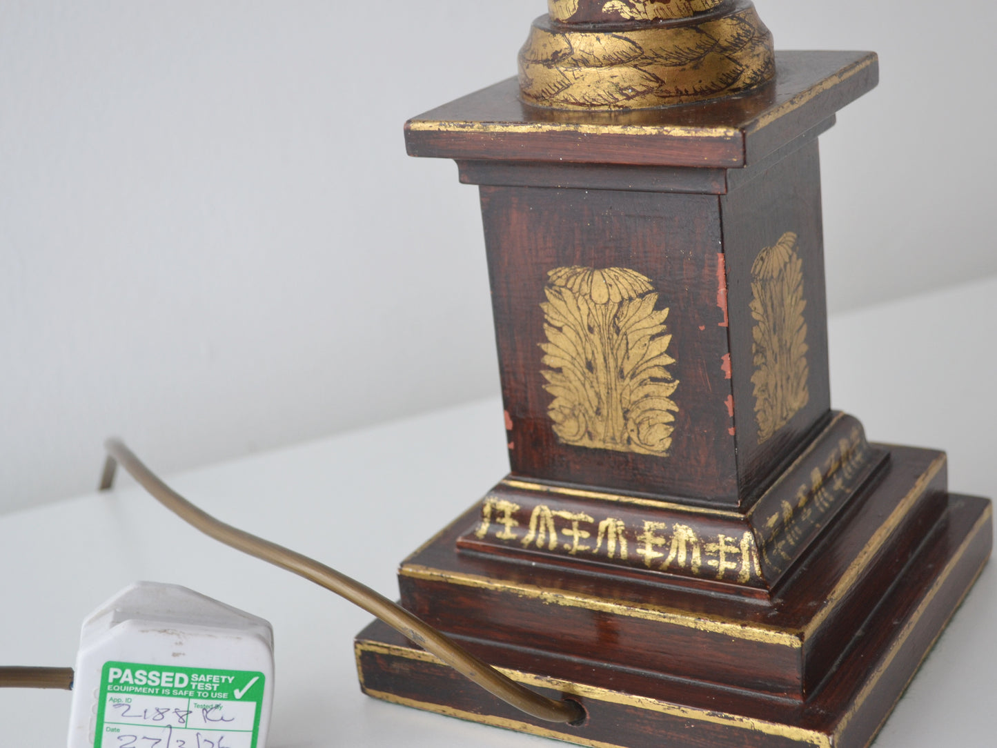 French Empire Lacquered Wood Column Table Lamp — Gilt Neoclassical Ornament, Lilley Fitting, England