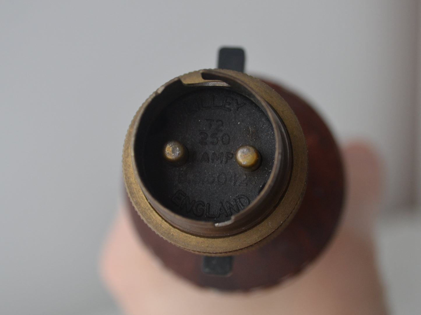 Lilley brass lamp fitting detail, French Empire column table lamp base, Birmingham England, close-up