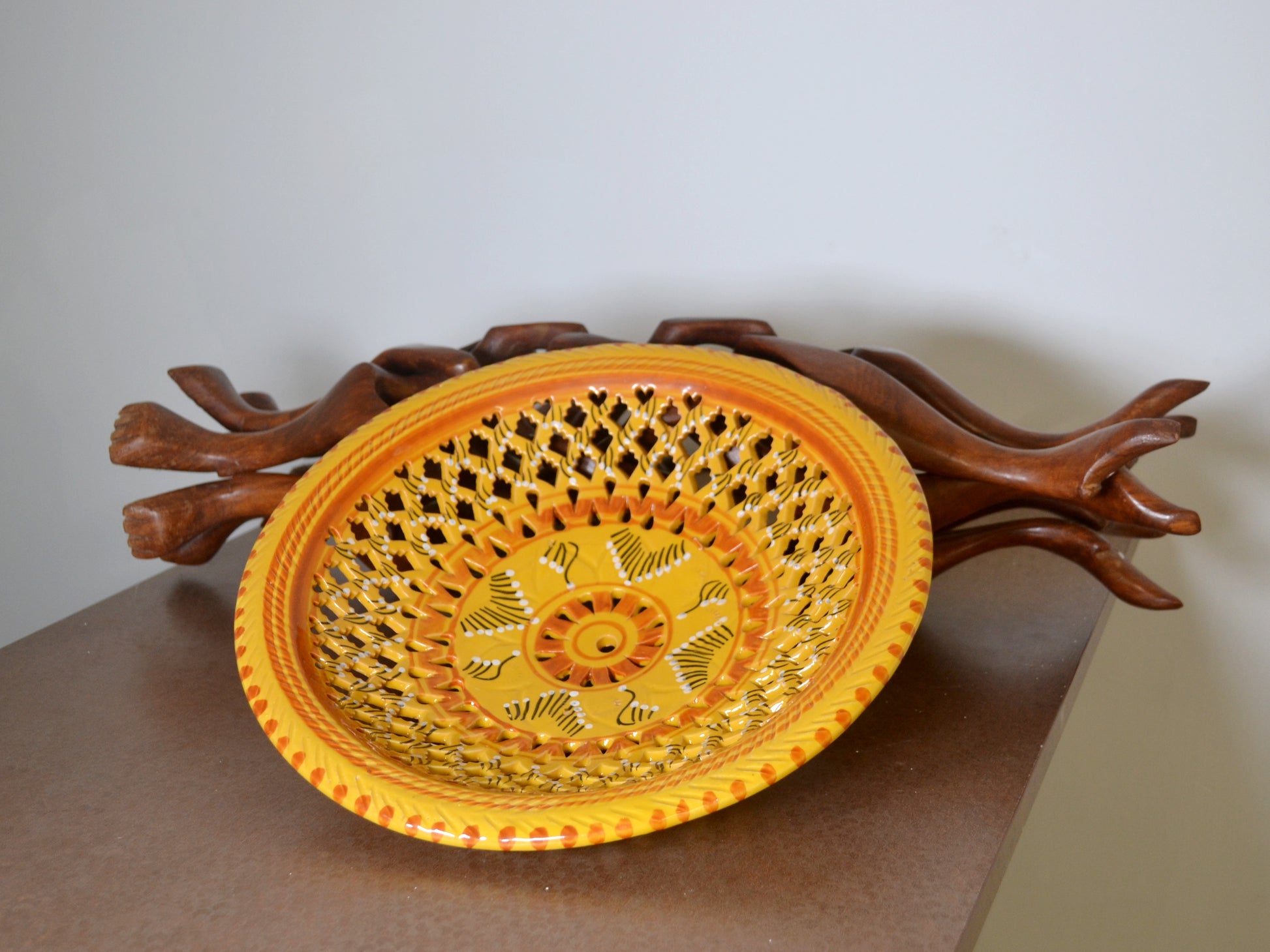 Hand-painted Moroccan ceramic bowl, amber and ochre glaze, pierced latticework, circa 1960s