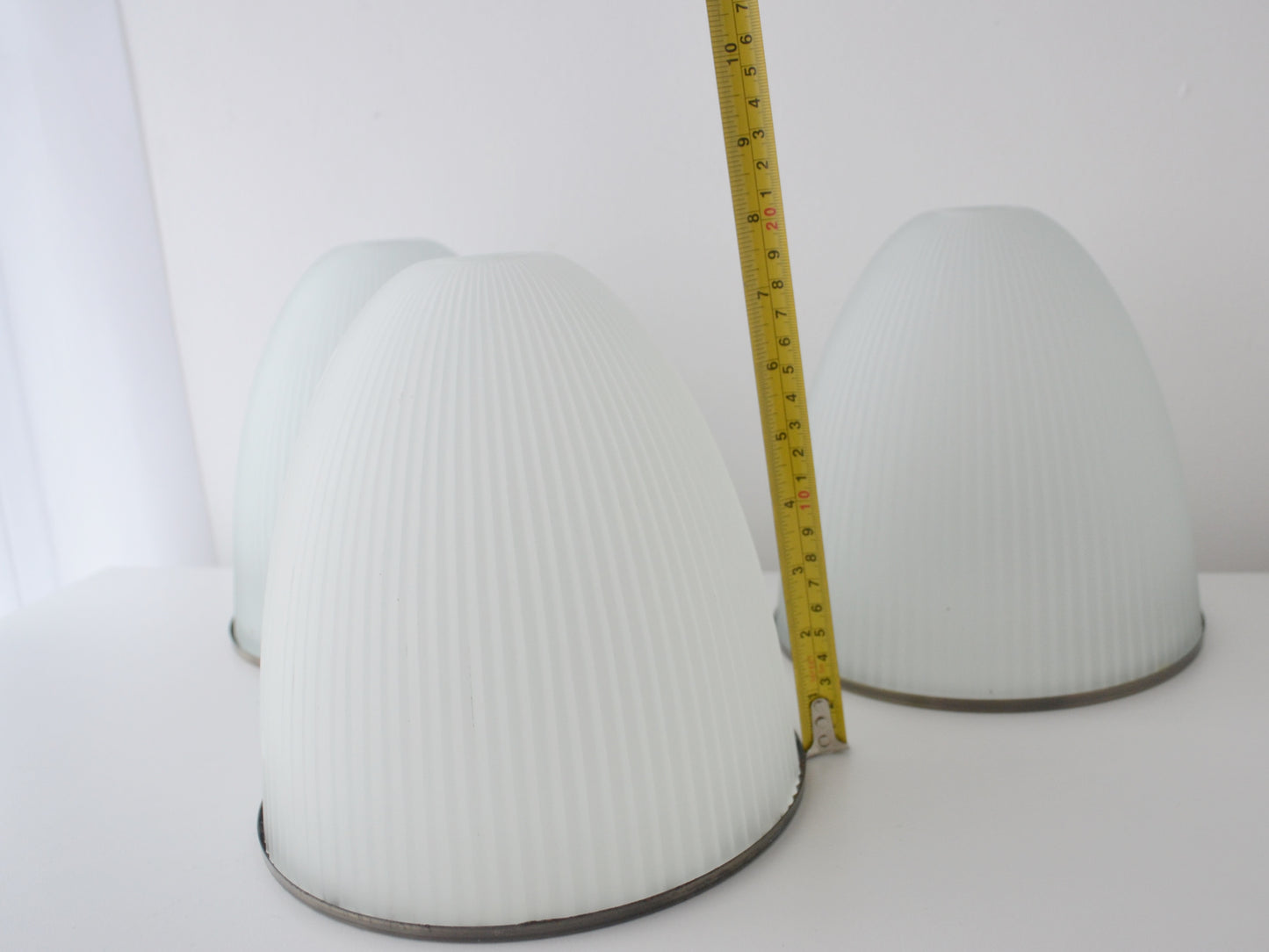 Ribbed Milk Glass Dome Pendant Shades, Holophane Style — Set of Three, Mid-Century Modern