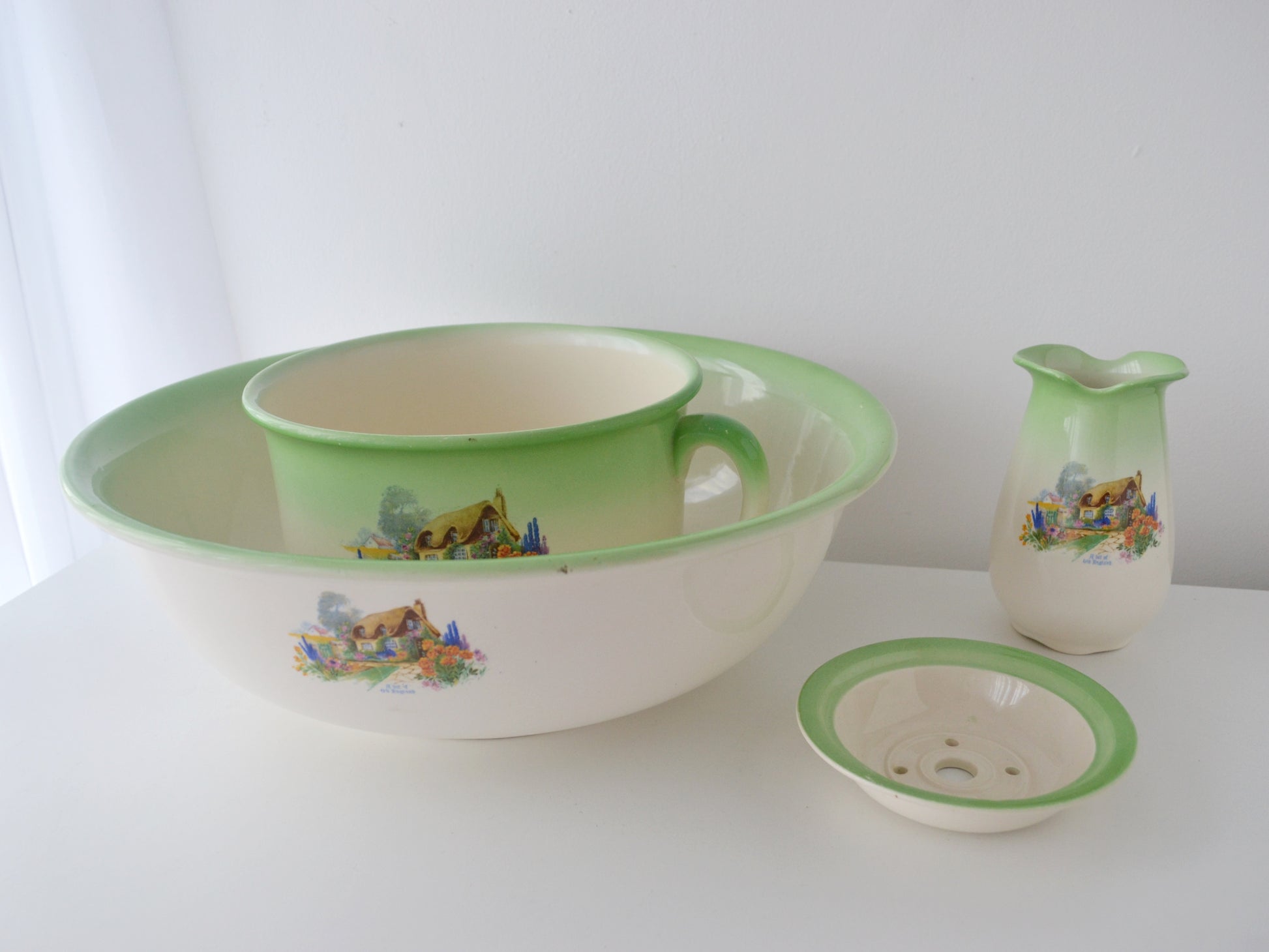 Antique Edwardian washstand set A.J. Wilkinson Ltd Royal Staffordshire Pottery England circa 1900 green cottage transferware four pieces