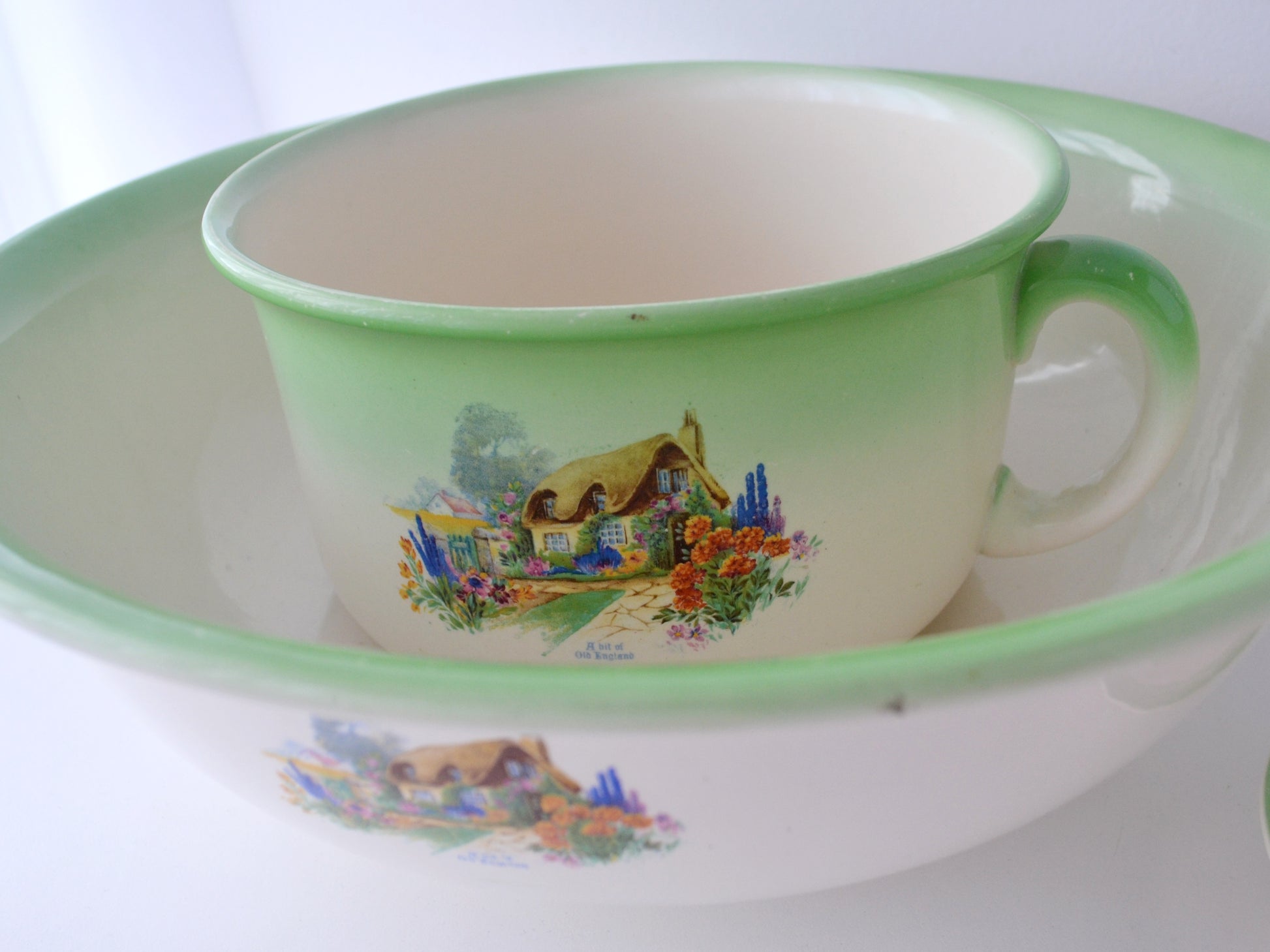 Wilkinson Ltd Royal Staffordshire Pottery Edwardian washstand basin green cottage transferware England circa 1900
