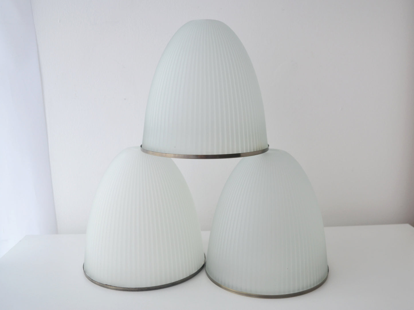 Ribbed Milk Glass Dome Pendant Shades, Holophane Style — Set of Three, Mid-Century Modern