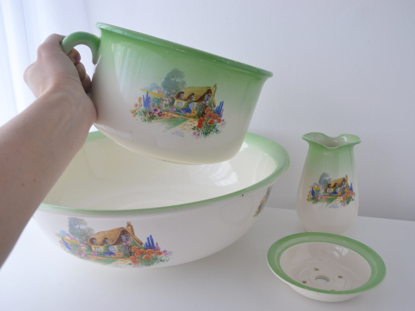 Antique Edwardian Washstand Set — A.J. Wilkinson Ltd Royal Staffordshire Pottery, England circa 1900 — Green Cottage Transferware