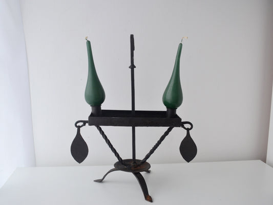 Hand-forged wrought iron candle stand, Arts & Crafts style, twisted tripod base, hanging leaf pendants, front view