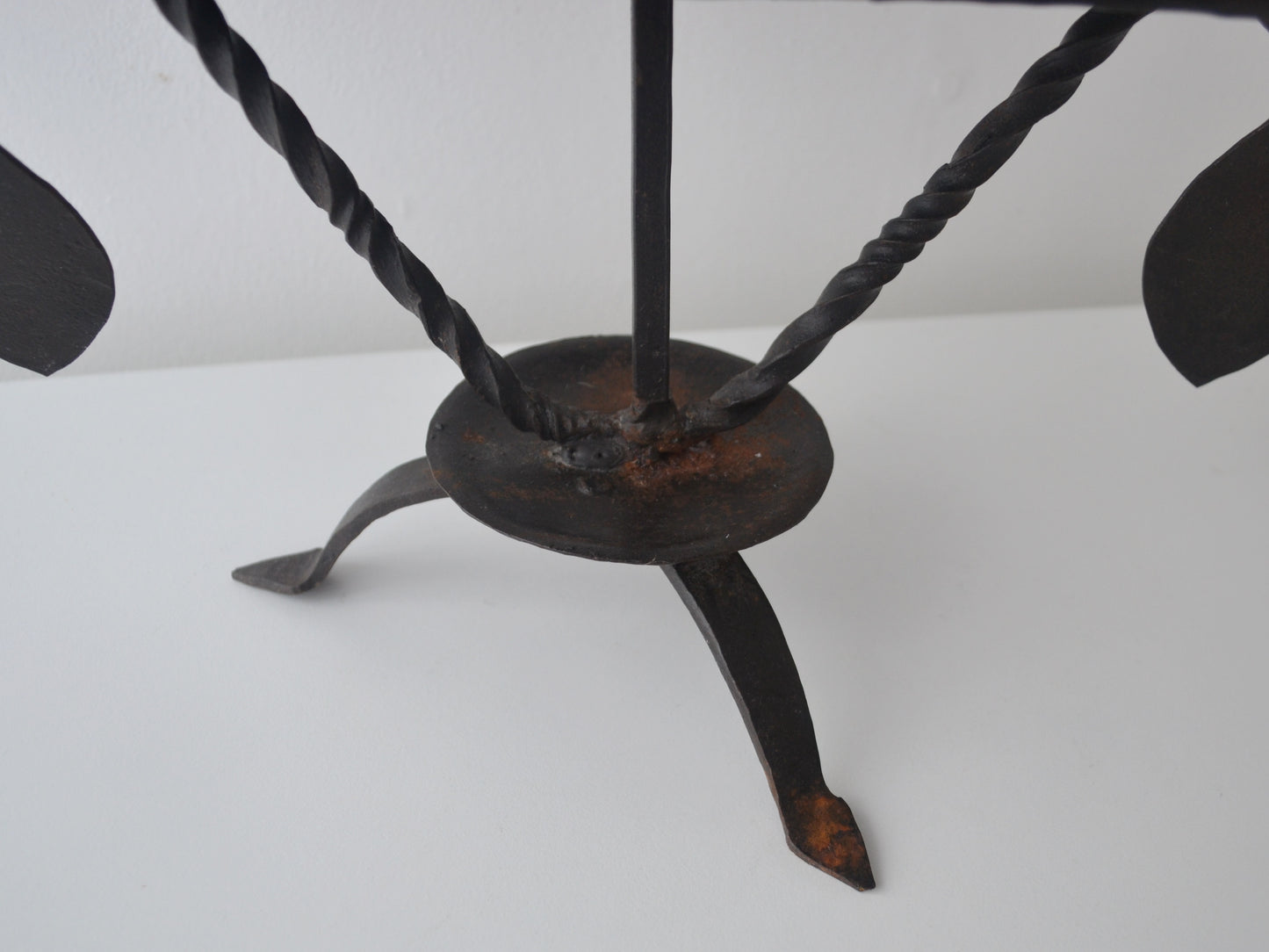 Hand-Forged Wrought Iron Candle Stand — Twisted Tripod, Leaf Details, Arts & Crafts Style