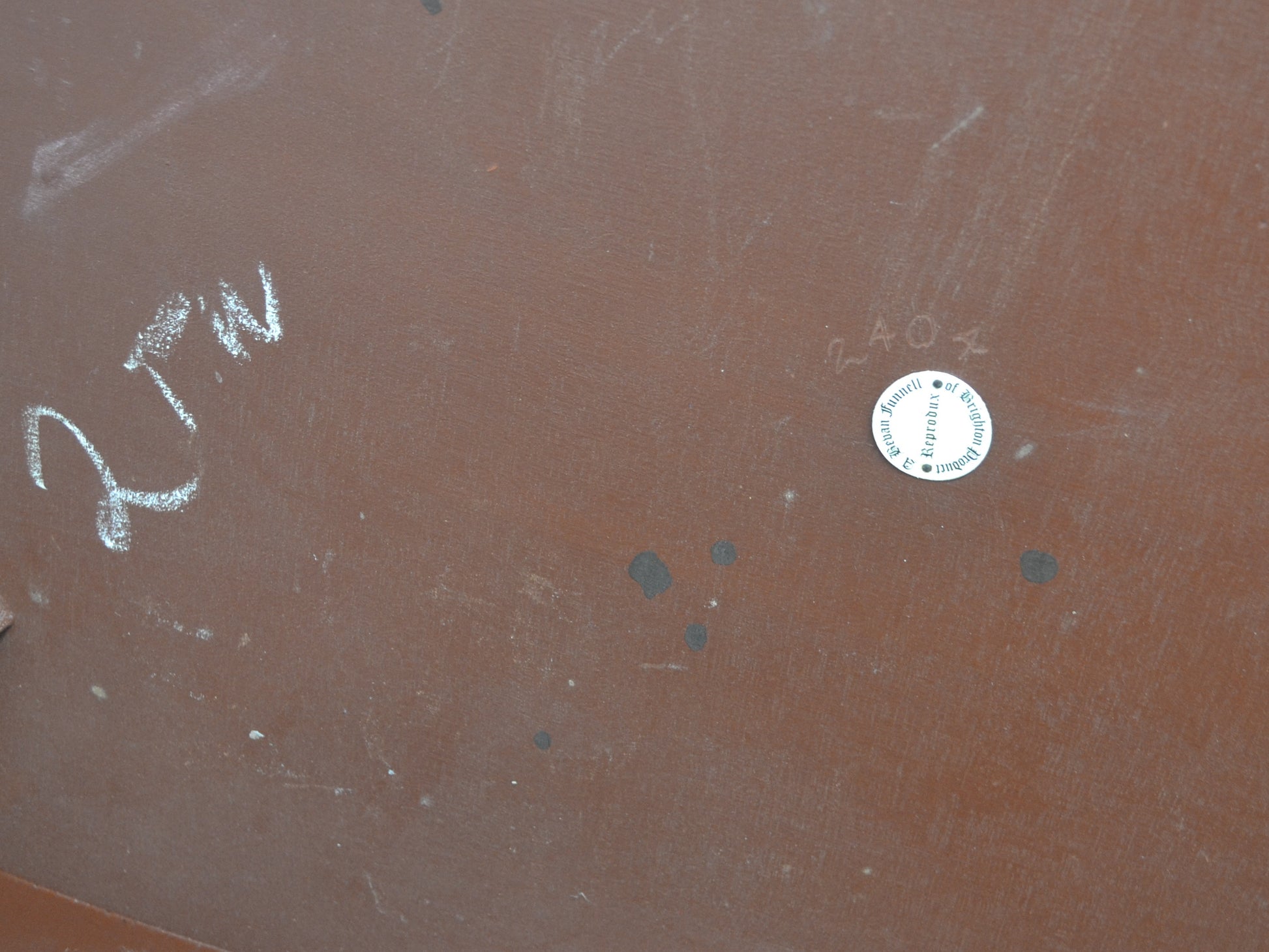 Bevan Funnell Reprodux maker's label, England, underside of burr walnut coffee table.
