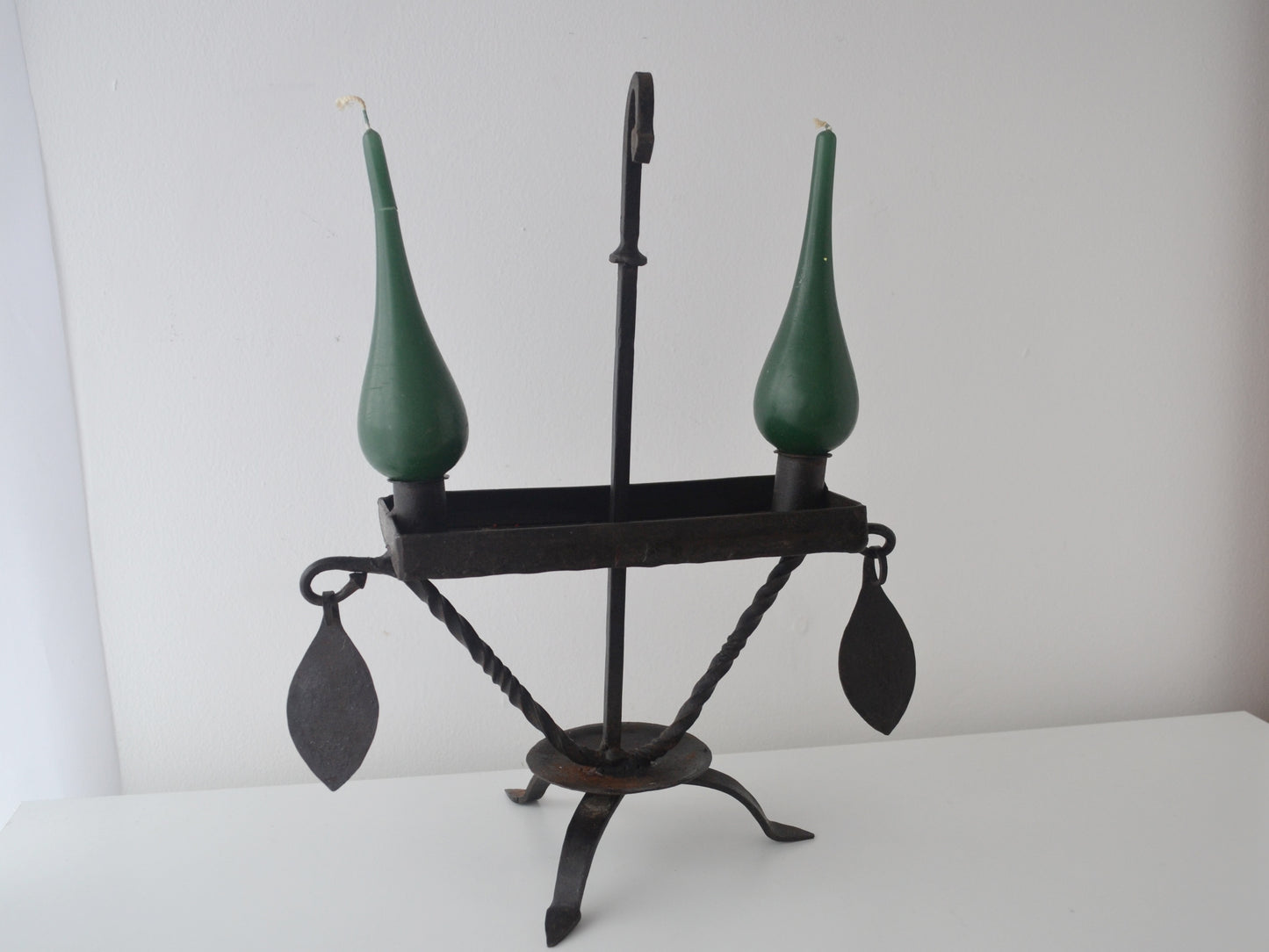 Hand-Forged Wrought Iron Candle Stand — Twisted Tripod, Leaf Details, Arts & Crafts Style