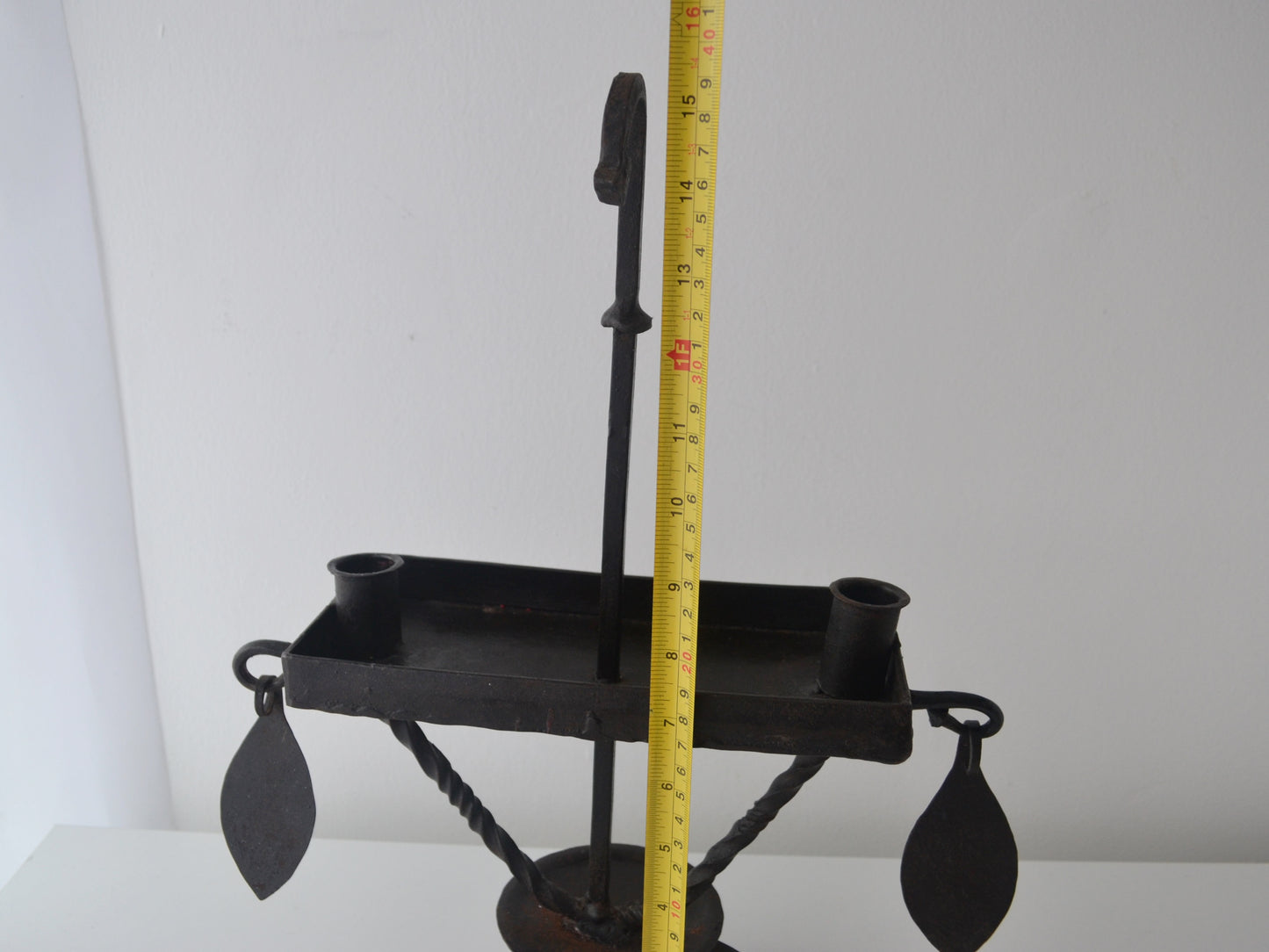 Hand-Forged Wrought Iron Candle Stand — Twisted Tripod, Leaf Details, Arts & Crafts Style