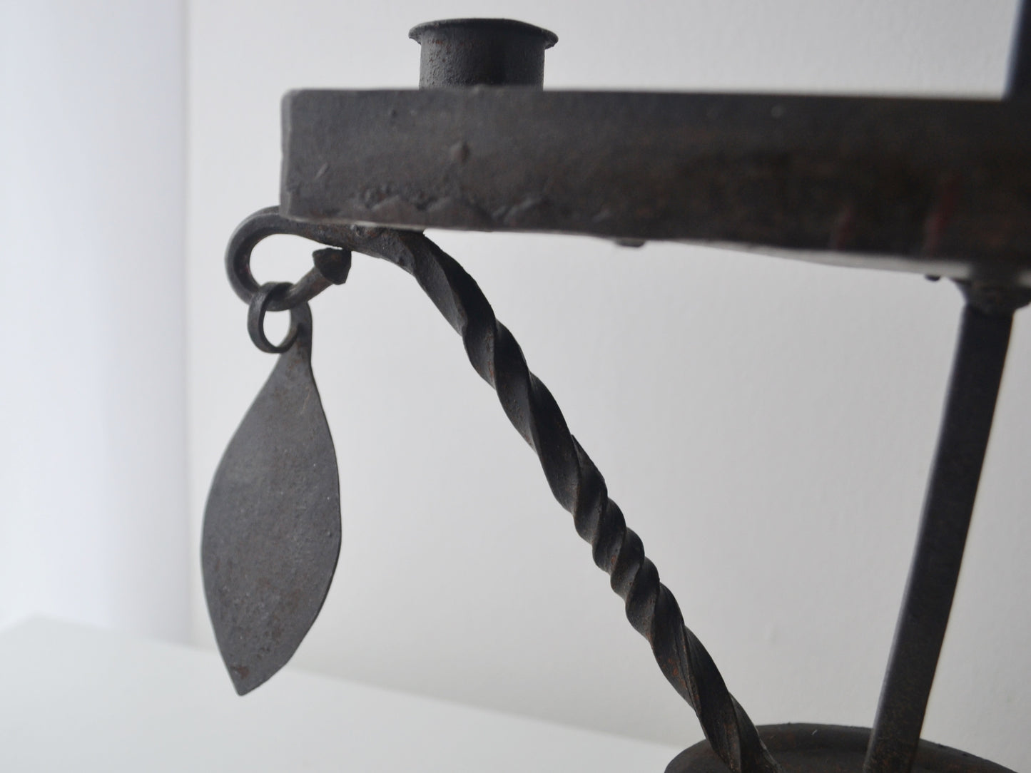 Hand-Forged Wrought Iron Candle Stand — Twisted Tripod, Leaf Details, Arts & Crafts Style