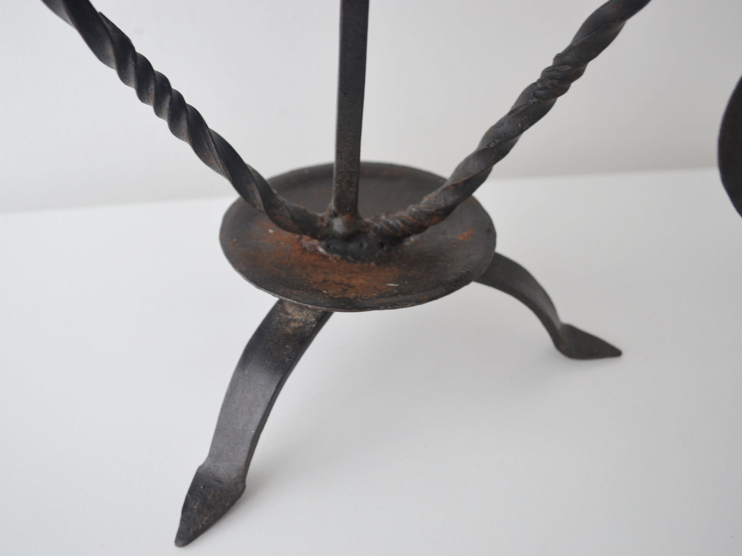 Hand-Forged Wrought Iron Candle Stand — Twisted Tripod, Leaf Details, Arts & Crafts Style