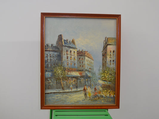 Oil on board Paris street scene signed Burnett, original mahogany frame, circa 1960s, front view.