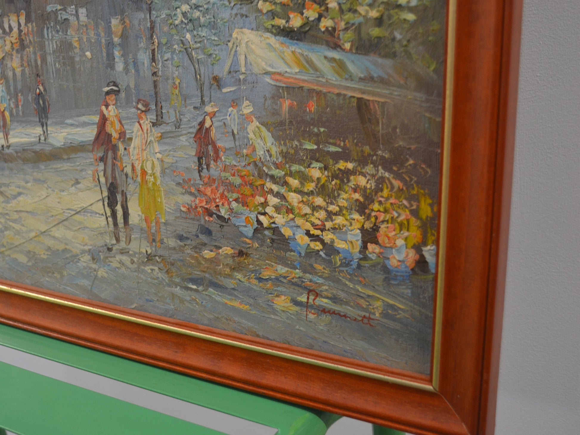 Cursive Burnett signature detail, oil on board Paris street scene, circa 1960s.