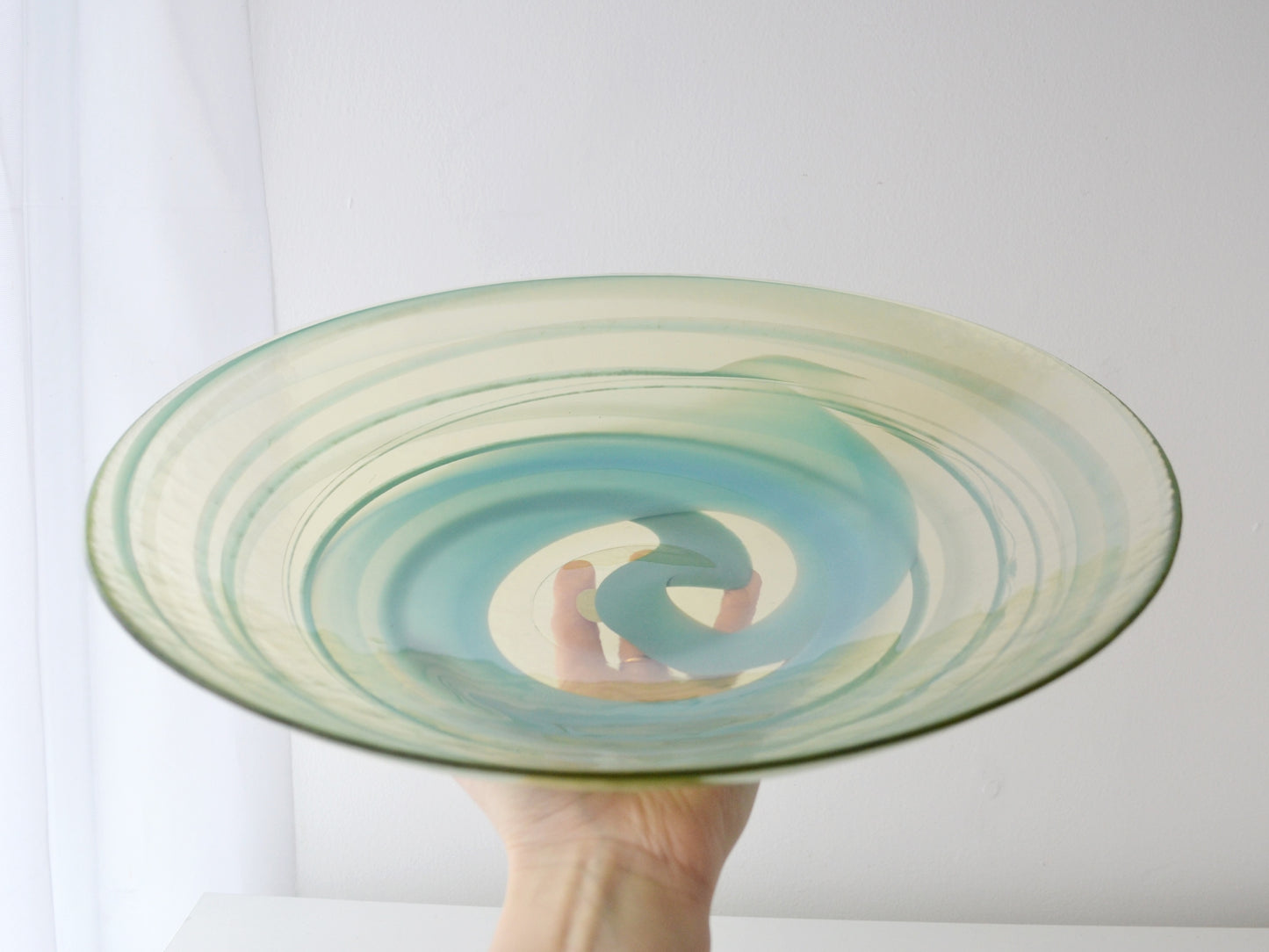 Large hand-blown Murano glass centrepiece bowl, aqua and teal spiral in warm clear glass, Italy circa 1970s, front view