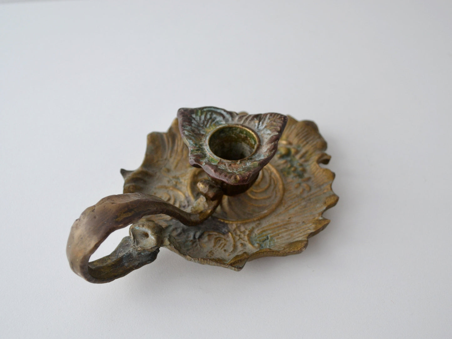 Cast Brass & Bronze Chamberstick, Art Nouveau — Foliate Relief, European circa 1900