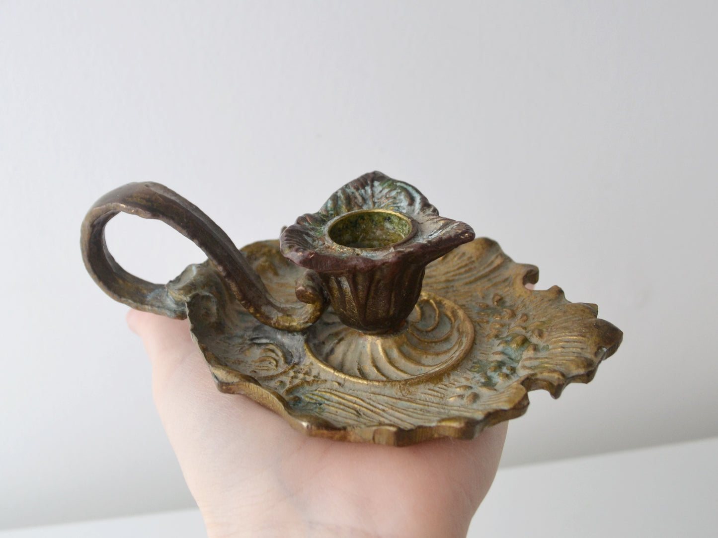 Cast Brass & Bronze Chamberstick, Art Nouveau — Foliate Relief, European circa 1900