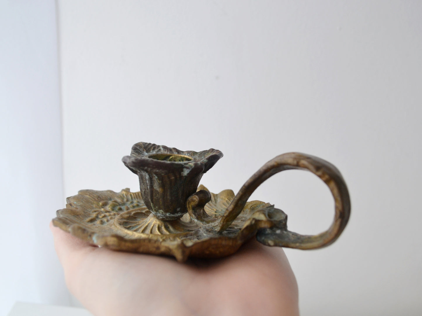 Cast Brass & Bronze Chamberstick, Art Nouveau — Foliate Relief, European circa 1900