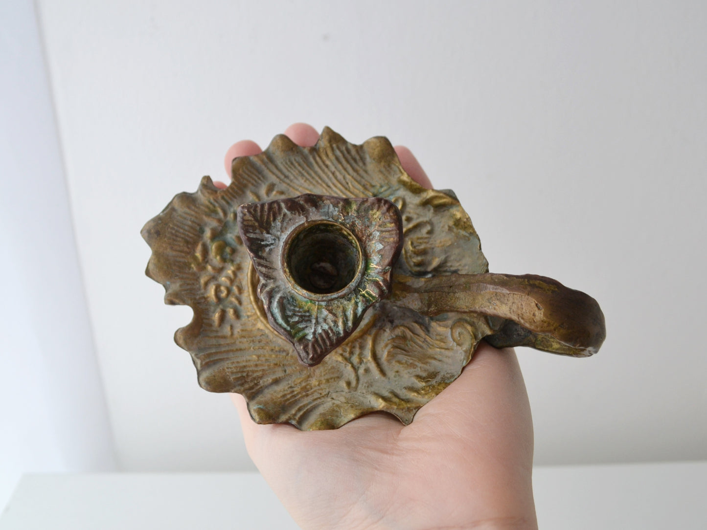 Cast Brass & Bronze Chamberstick, Art Nouveau — Foliate Relief, European circa 1900