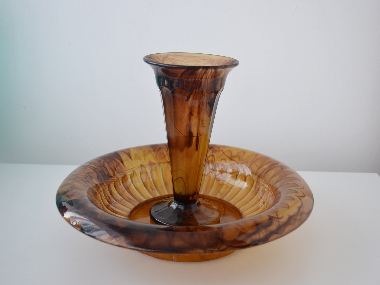 George Davidson Amber Cloud Glass Set — Bowl & Vase, England circa 1930s