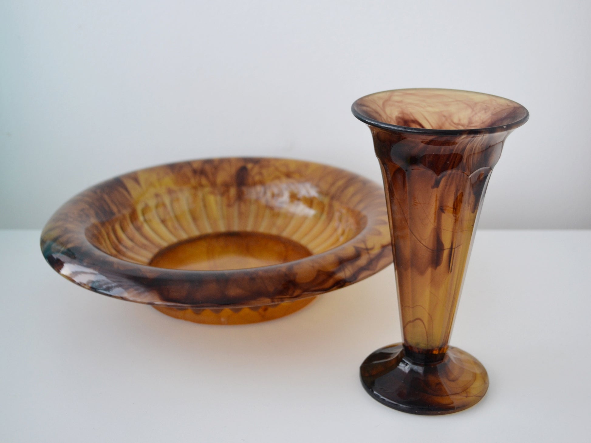 George Davidson Cloud Glass bowl and vase set, side view, amber tortoiseshell pressed glass, 1930s