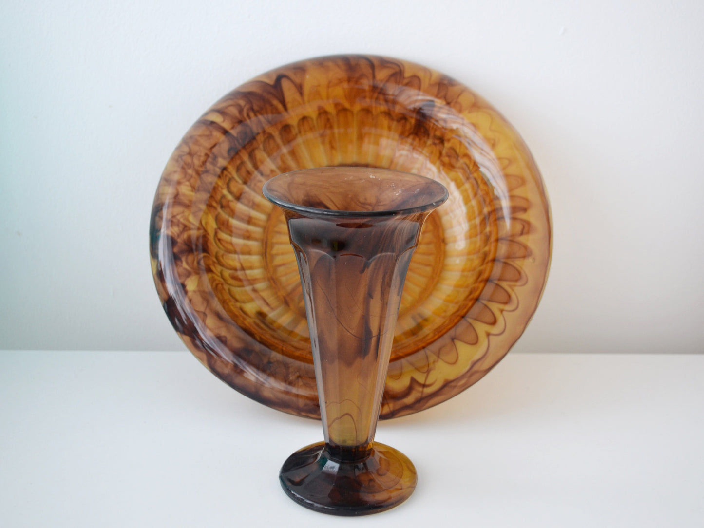 George Davidson amber Cloud Glass bowl and vase set, Art Deco England circa 1930s, front view