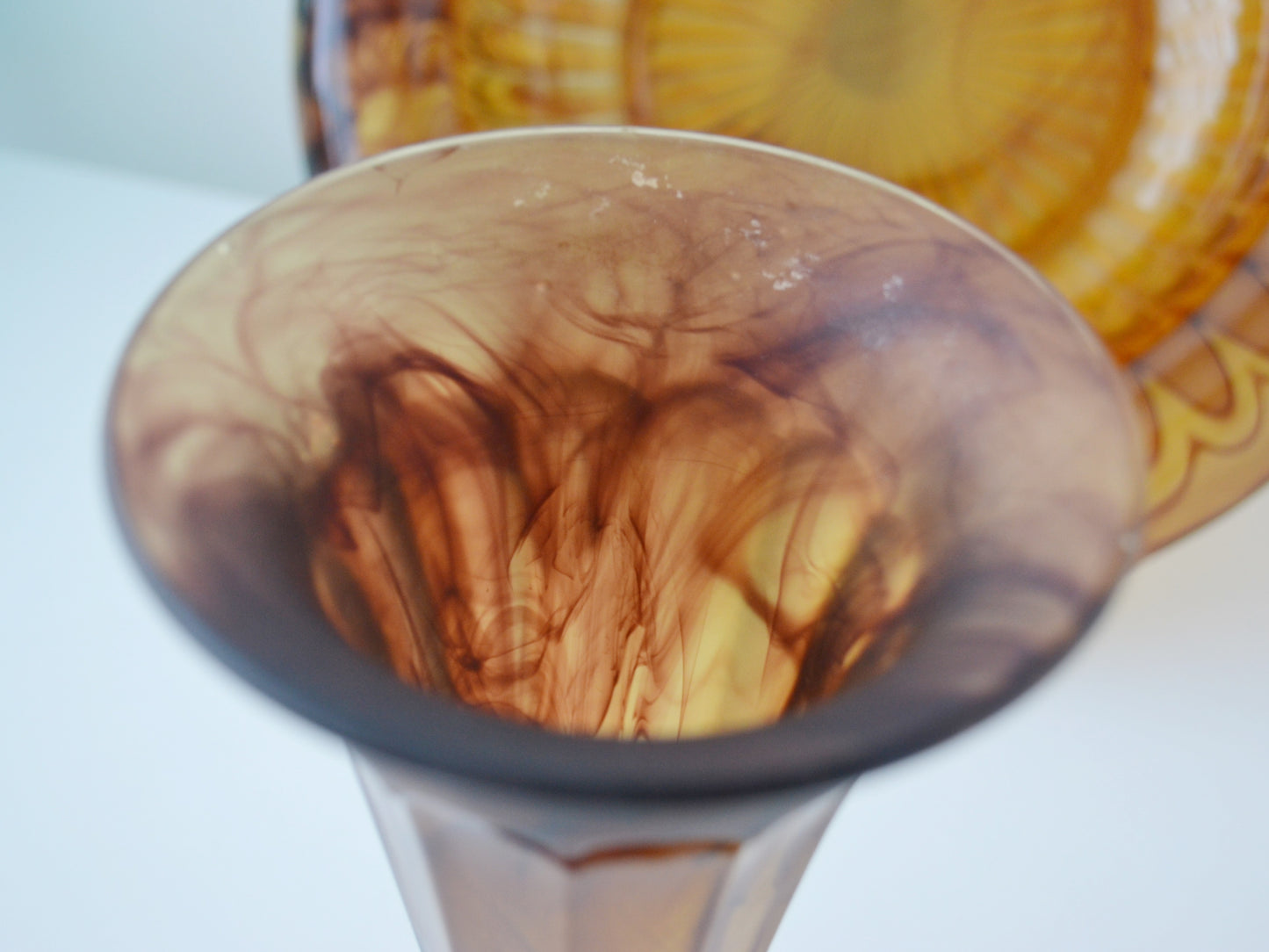 
Rim detail of George Davidson Cloud Glass vase showing inherent manufacturing haze, circa 1930s