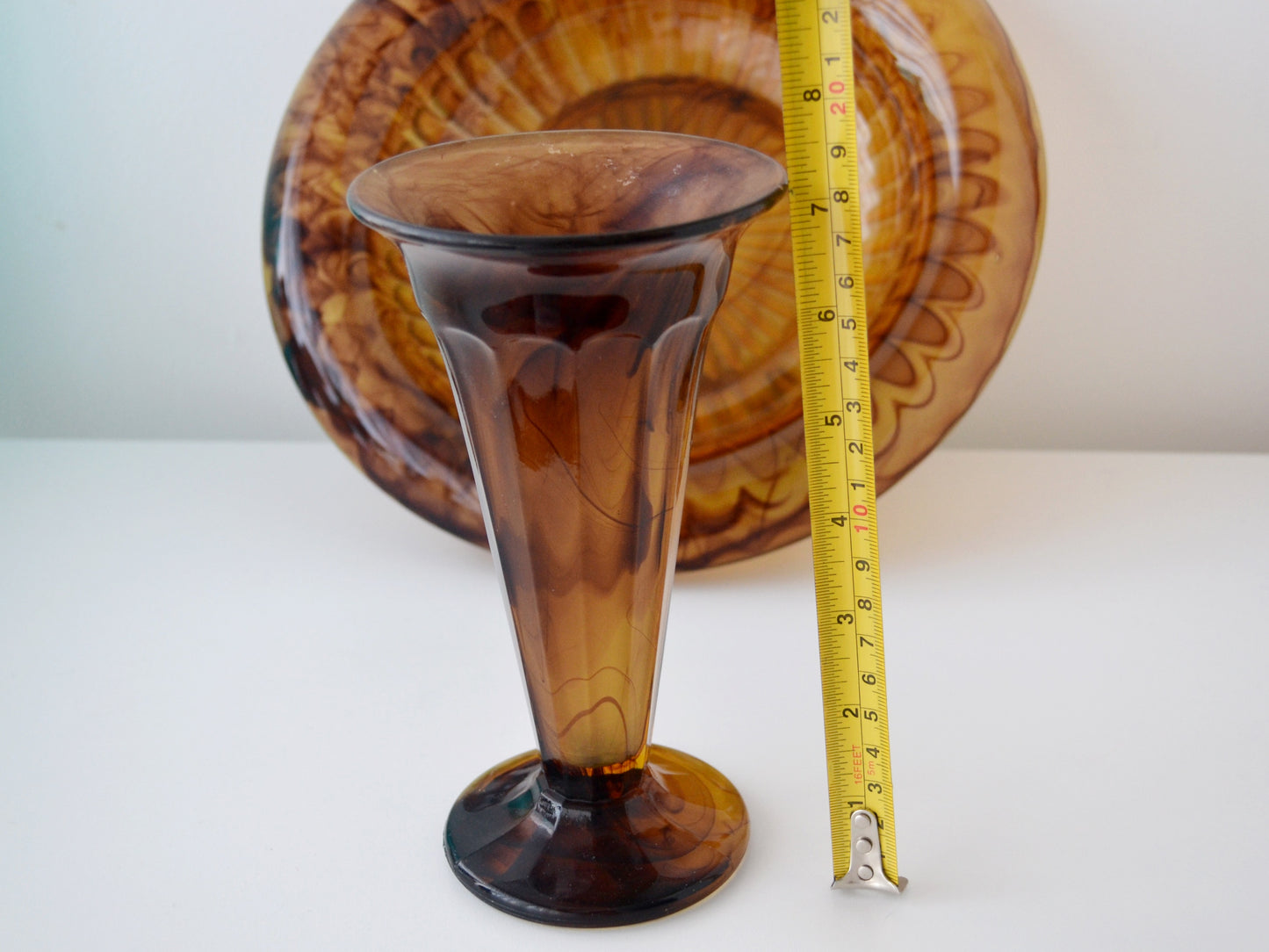 George Davidson Amber Cloud Glass Set — Bowl & Vase, England circa 1930s