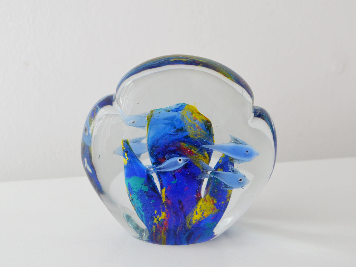 Murano Style Art Glass Aquarium Block — Hand Blown Fish & Coral Sculpture, Italy circa 1960s-80s