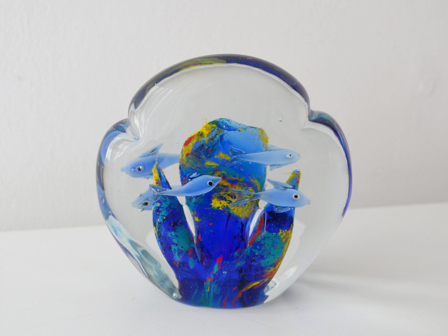 Alt: Murano style art glass aquarium block, hand blown fish and coral design, circa 1960s-80s, front view.