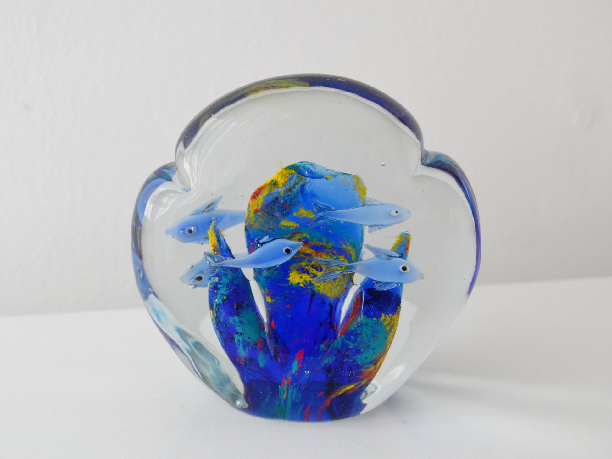 Alt: Murano style art glass aquarium block, hand blown fish and coral design, circa 1960s-80s, front view.