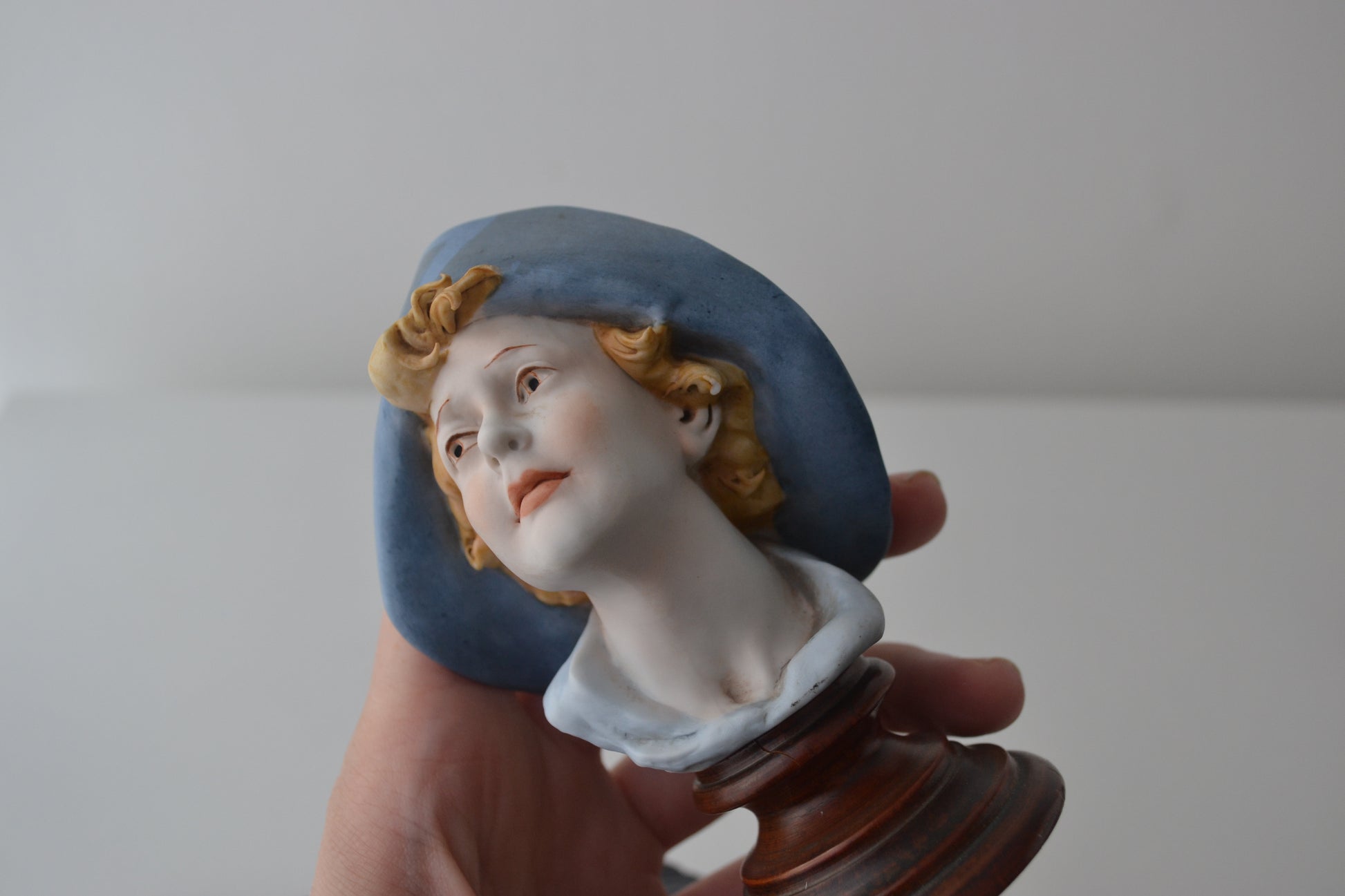 Detail of hand painted facial features on Benacchio for Triade porcelain bisque bust.